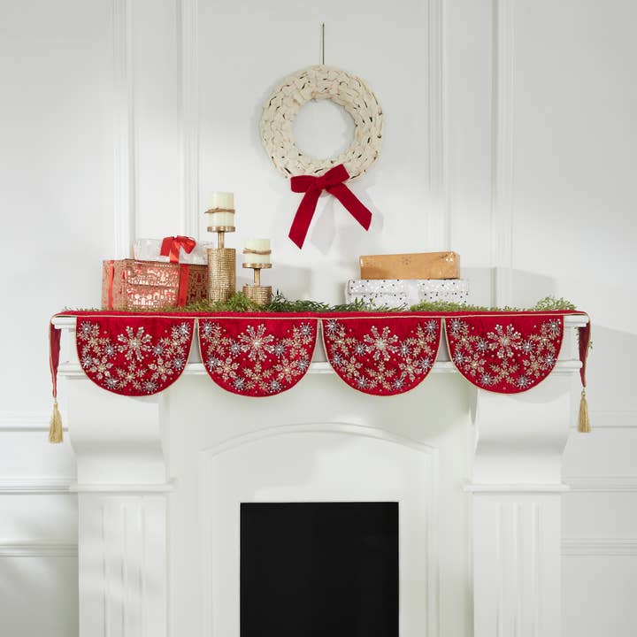 Arcadia Home - Wholesale Mantle Scarf - Red Velvet Christmas Mantle Scarf, Hand Beading, Embroidery3