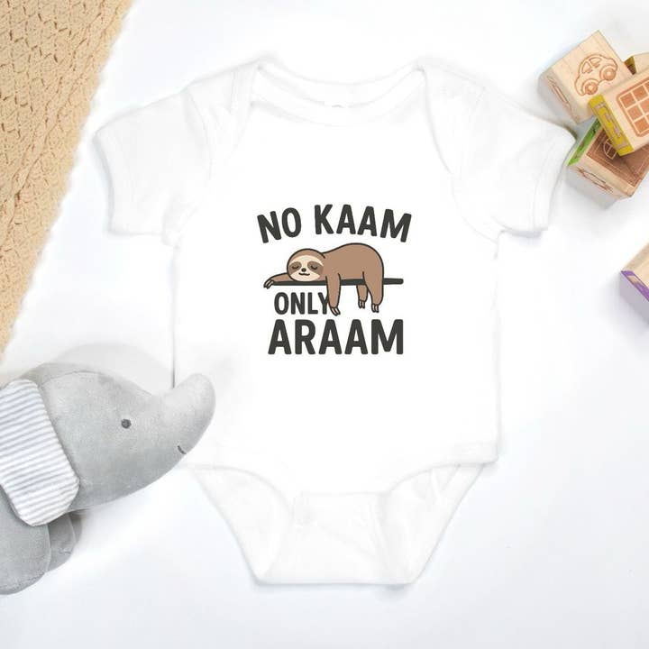 "No Kaam Only Araam" Baby Onesie for wholesale by Smriti Designs Gift Shop