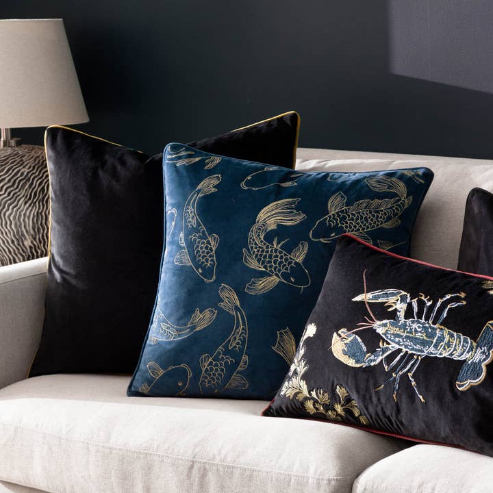 Koi Pond Embroidered Velvet Cushion Navy for wholesale on Faire5