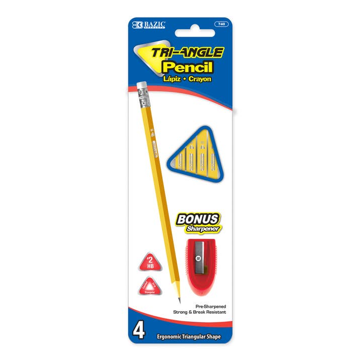 Yellow Pencil #2 Triangle (4/Pack) w/ Sharpener for wholesale by BAZIC Products