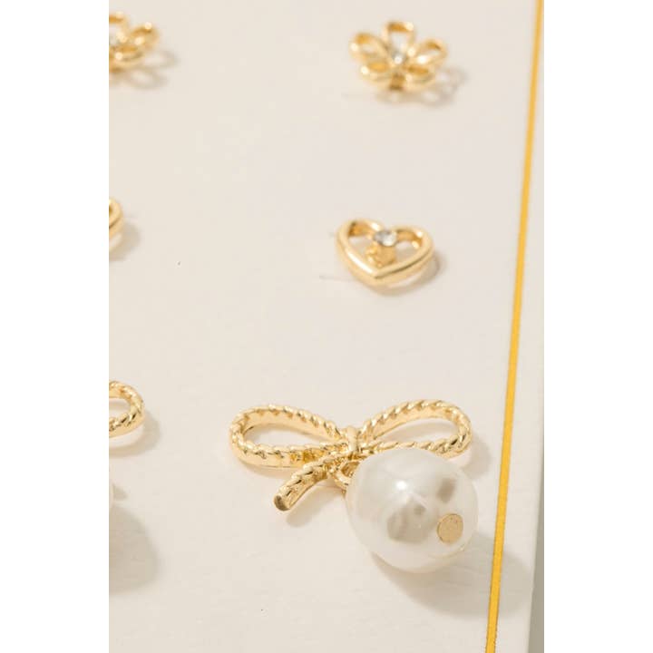 GD Pearl Charm Bow Heart And Flower Stud Earrings Set for wholesale on Faire