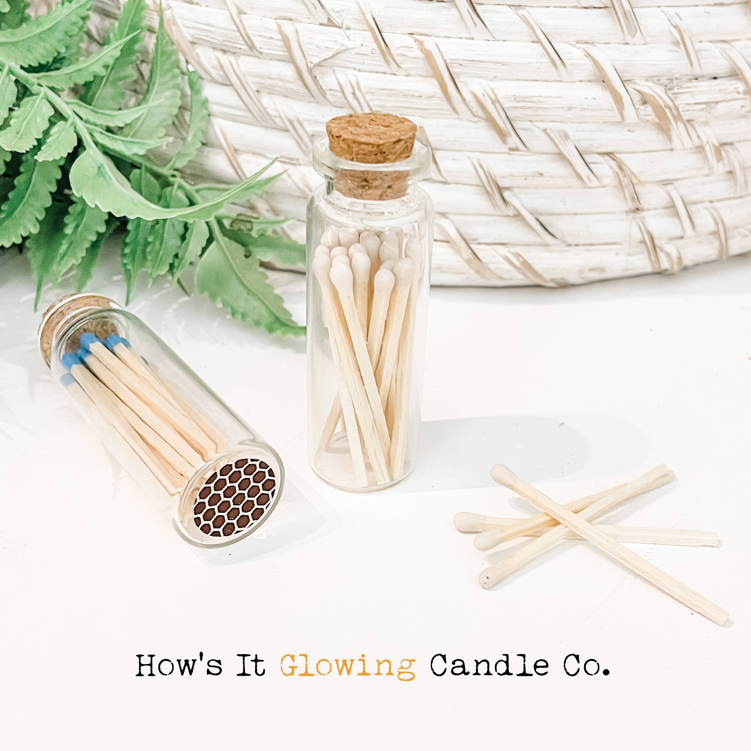 How's It Glowing Candle Co. - Wholesale Matches - Apothecary Vial Safety Matches & Striker | Glass w Cork Lid5