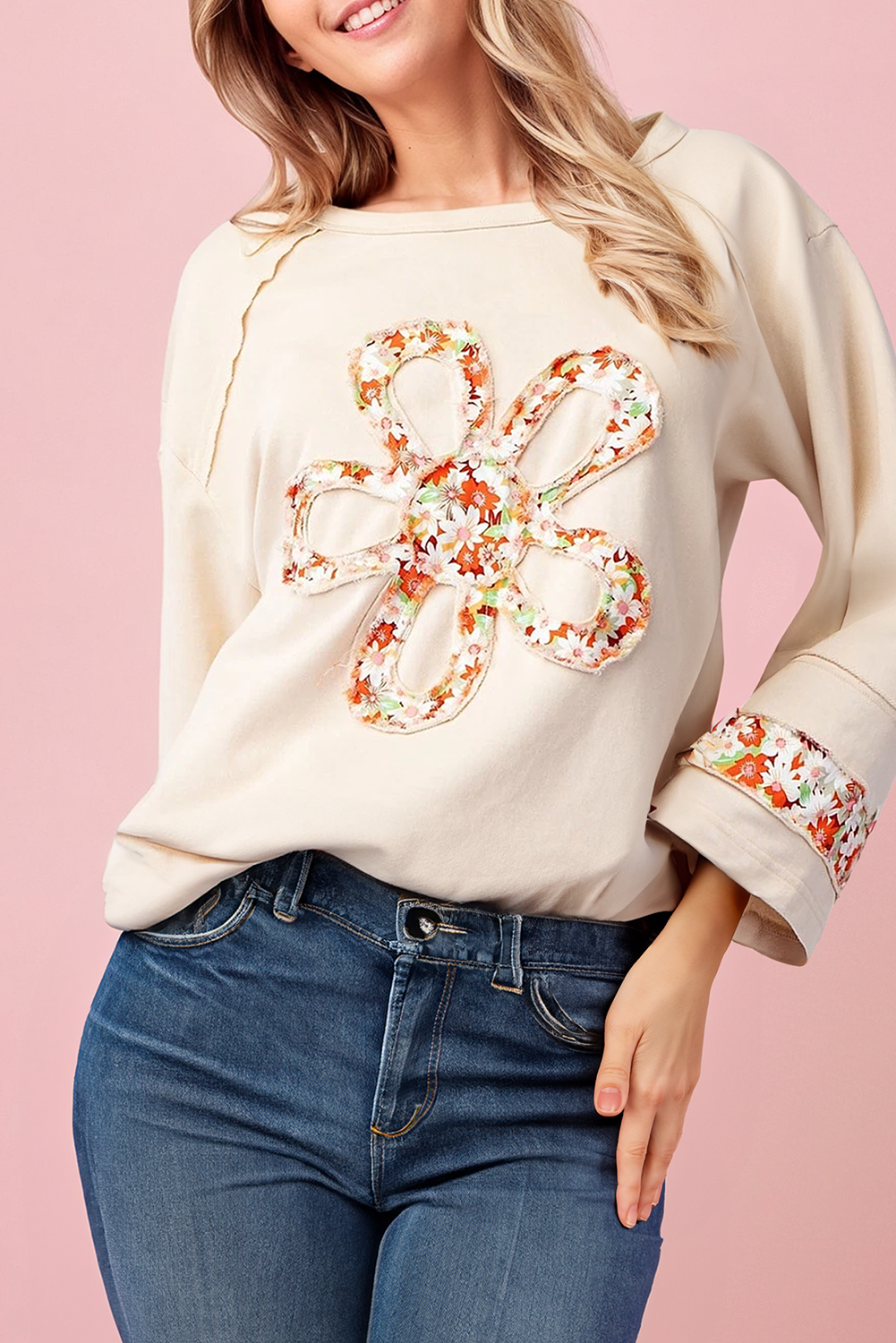 Beige Plus Size Flower Patched Side Slits Crewneck Top (S-4X) for wholesale on Faire0