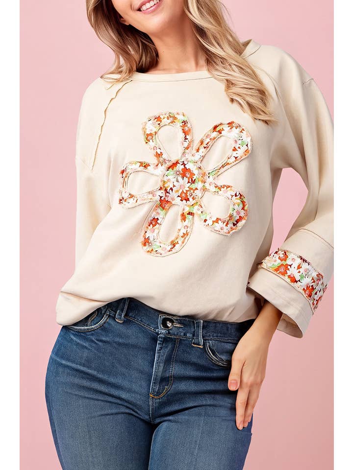 Beige Plus Size Flower Patched Side Slits Crewneck Top (S-4X) for wholesale on Faire