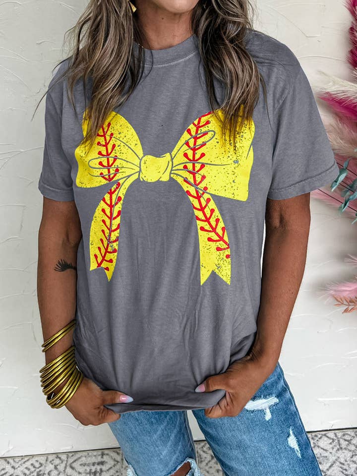 Gray Casual Baseball Bowknot Graphic Roll Up Sleeve Tee for wholesale by EG fashion