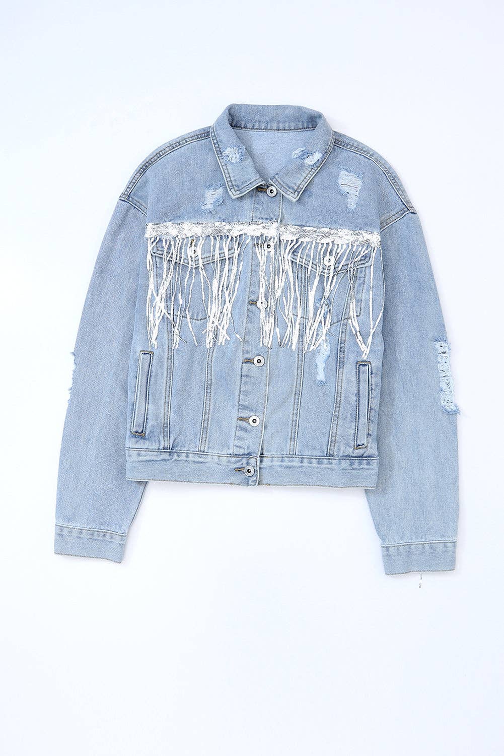 Sky Blue Sequin Embellished Fringe Distressed Denim Jacket for wholesale on Faire11