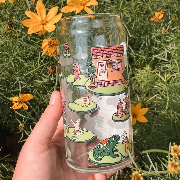 Cheerware - Wholesale Drinking Glass/Cup - Cafe Hopper 20oz Can Glass | frogs, coffee & lily pads2
