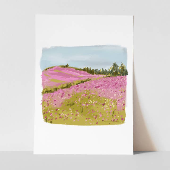 Pink Meadows, Nature Art Print, Farmhouse, Colourful for wholesale by Georgie King Designs
