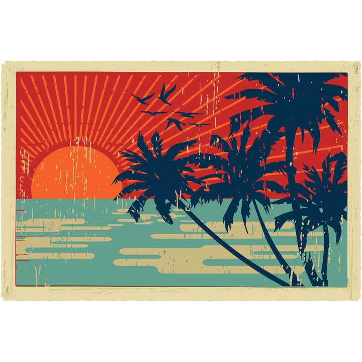 Arte de Pared con Postal Vintage de Atardecer en Isla Tropical con Palmeras para venta al por mayor de Gotham Gifts