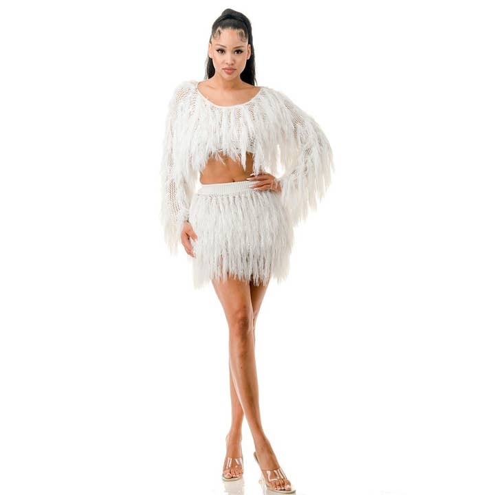 FRINGY FEATHER LIKE SKIRT SET for wholesale by Black Pearl Clothing
