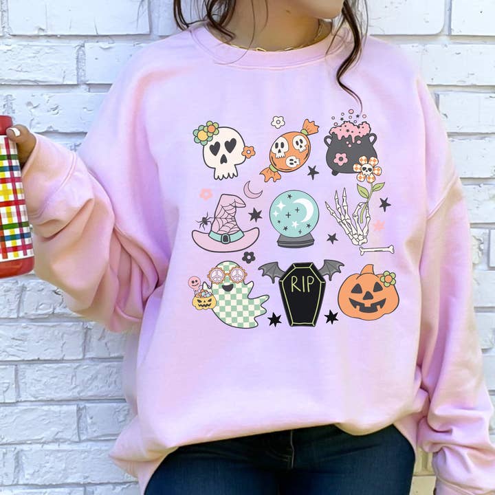 Felpa a girocollo unisex Heavy Blend Halloween Things Pumpkin Skull per la vendita all'ingrosso da parte di with love, aj.