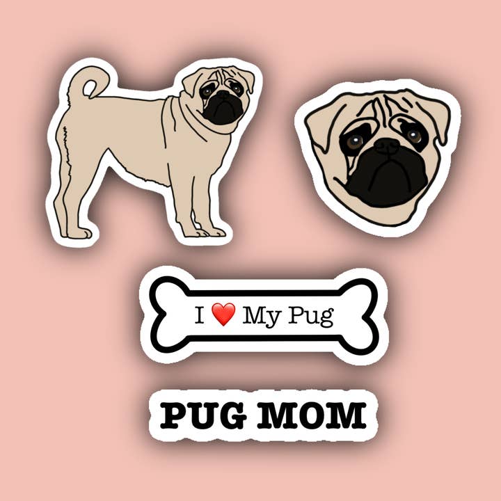 Pug Sticker Pack - 4 Waterproof Stickers for wholesale by Delmarva Stickers