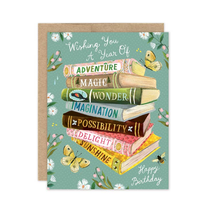 A Year Of Wishes Bookstack Birthday - Luxe A2 Card for wholesale by Biely & Shoaf