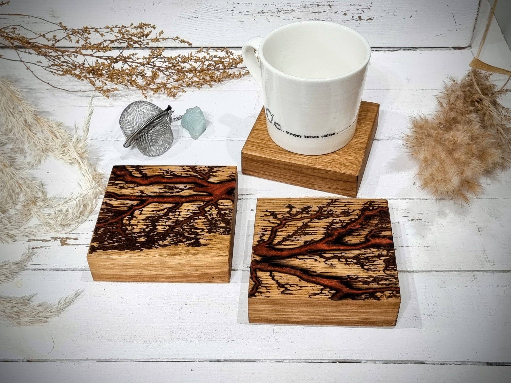 Wildflower Designs - Wholesale Coasters - Handmade Lichtenberg Figure Oak Epoxy Resin Coasters6