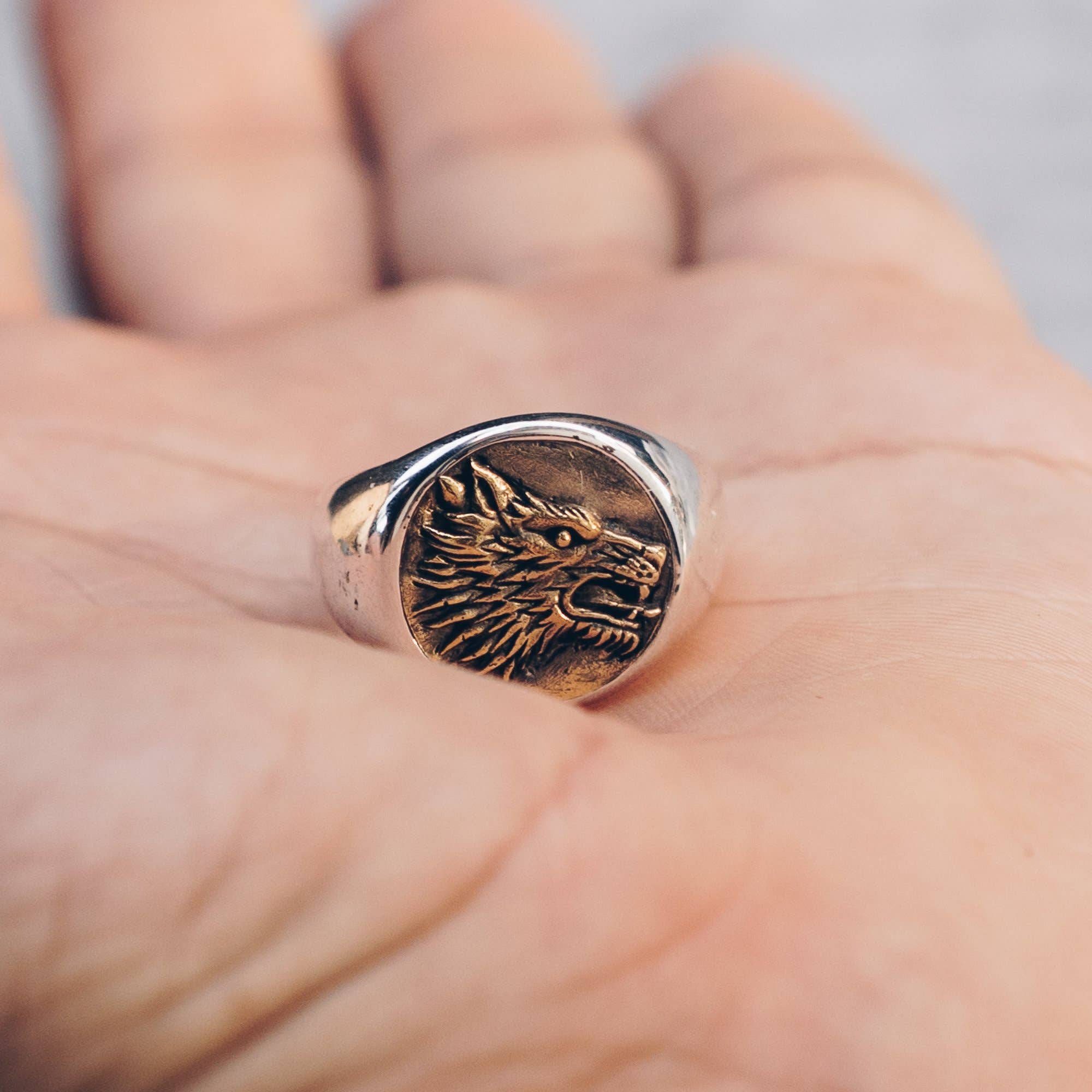 JewelryLab - Wholesale Signet Ring - Wolf Ring - 925 Sterling Silver with brass Emblem11