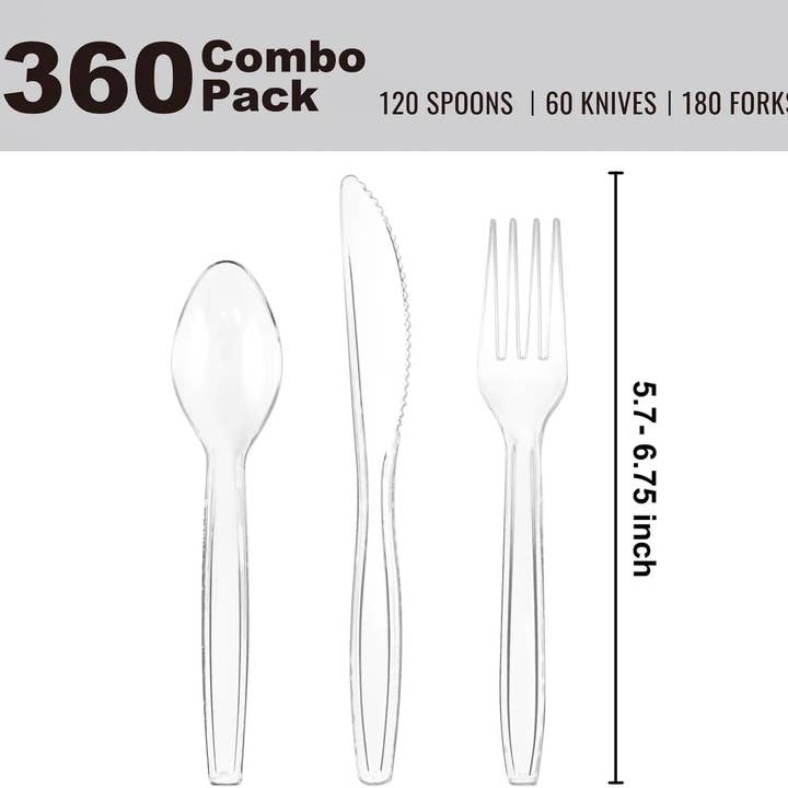 J&V TEXTILES - Wholesale Disposable Tableware Pack - Clear Disposable Cutlery set - 360 Pieces: 180 Forks, 120 Spoons, 60 Knives1