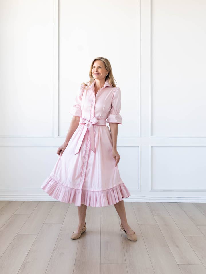 Woman's Pastel Bubblegum Pink Midi Dress for wholesale by Kim Lolley Designs