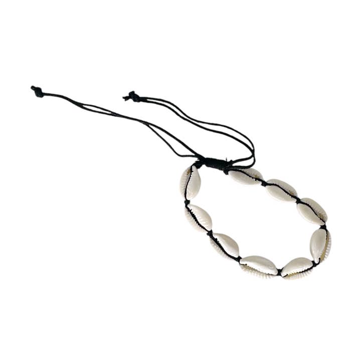 Bracelet ou Chevillière Réglable en Corde avec Coquillage Caouri Noir pour la vente par Maka Imports