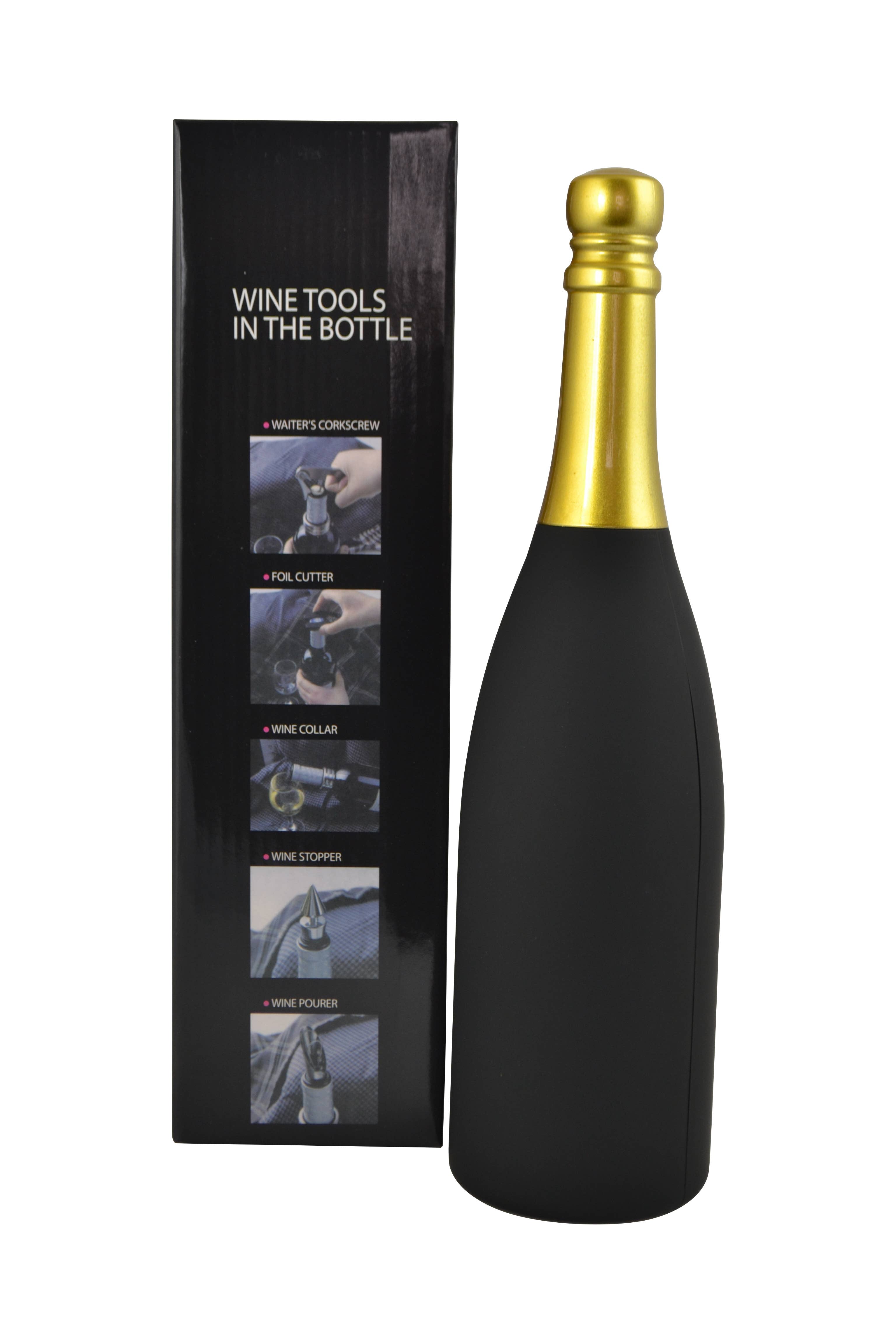 Three Star IM/EX Inc. - Wholesale Wine Tool Set - 12.5" BLK & GOLD CHAMPAGNE BOTTLE W/ ACCESSORIES4