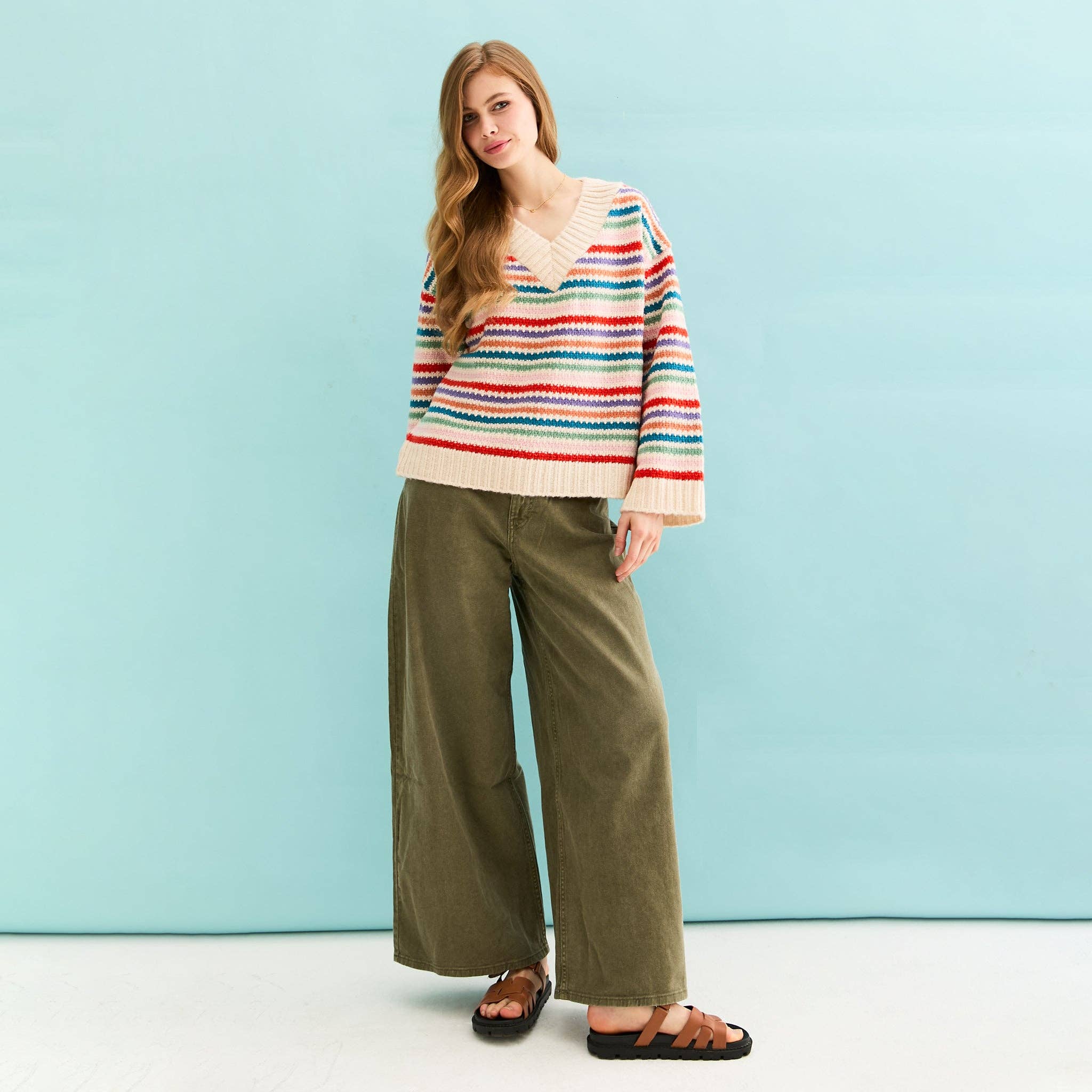 Cara & The Sky - Wholesale Knit Sweater - Women's - Jasmine Wide Sleeve V Neck Striped Jumper - Off White5