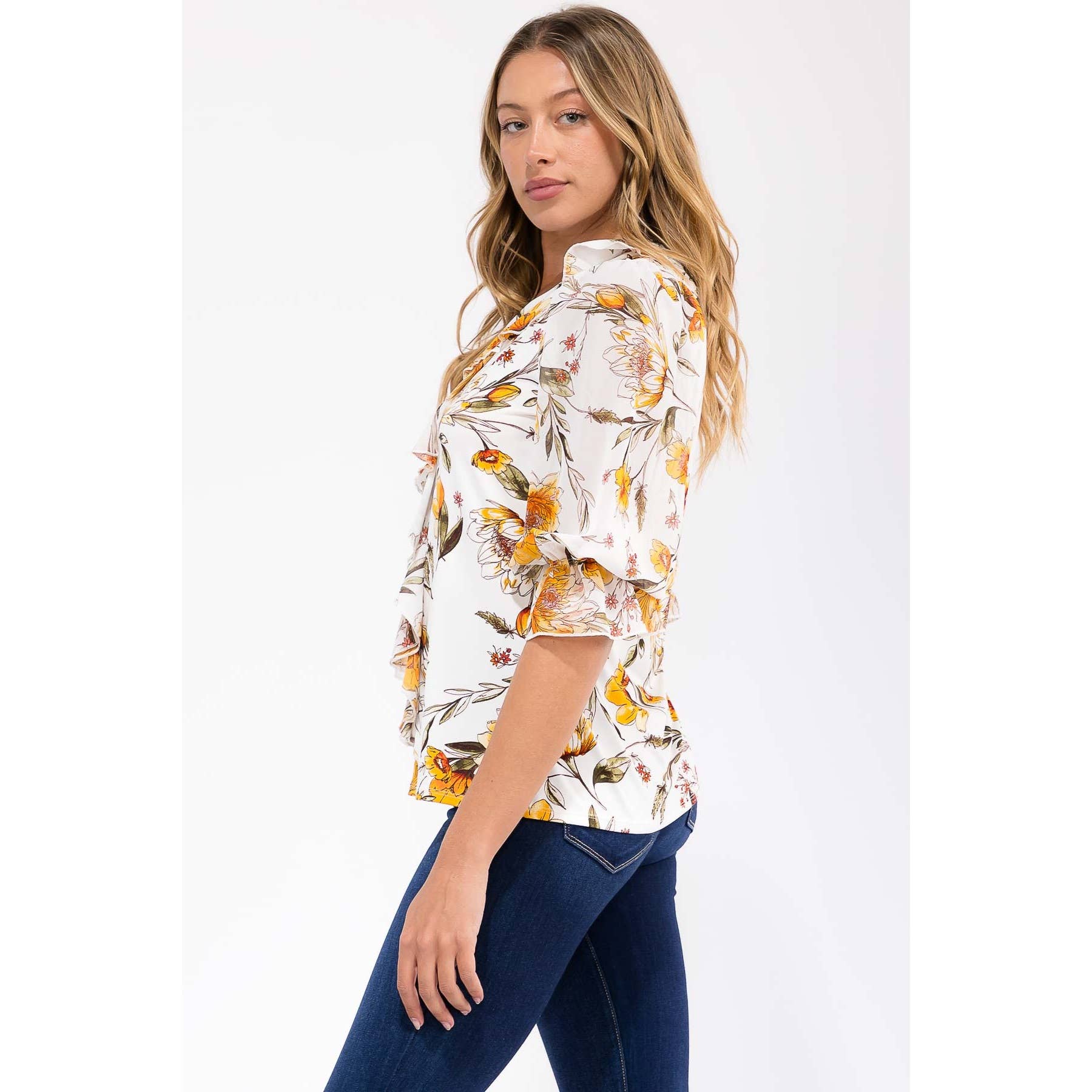 AVORIO/GIALLO/VERDE Blusa a cascata in misto floreale multimediale in vendita all'ingrosso su Faire1