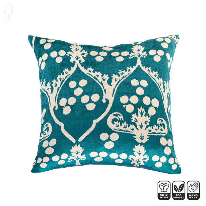 Turkos & vit traditionell Ikat sammet dekorativ kudde för wholesale av OyzShop