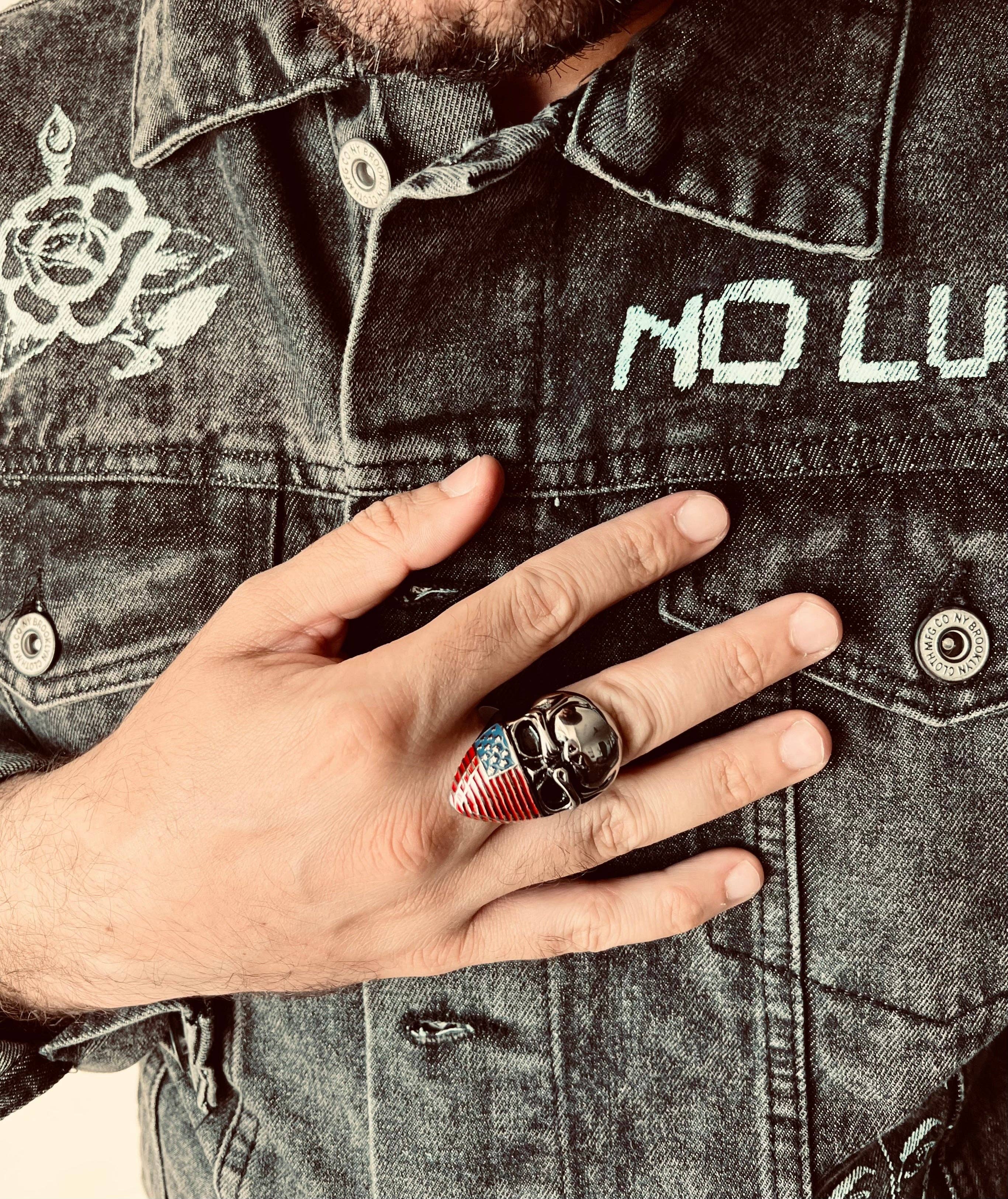 WJW - Wholesale Signet Ring - Stainless Steel USA American Flag Covered Skull Ring4