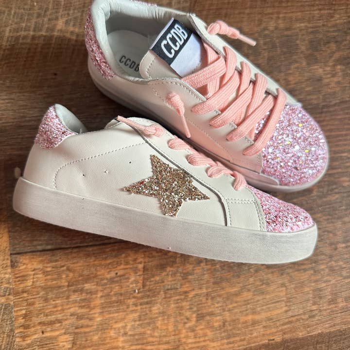 Torn and Trendy – Sapatilhas Casual - Criança por atacado – Ténis Glitter Star Dourado Rosa Glitter Acento e Rendas