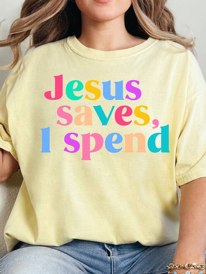 Jésus sauve, je dépense T-shirt adulte en coton filé à l'anneau Comfort Colors pour la vente par Wholesale Accessory Market