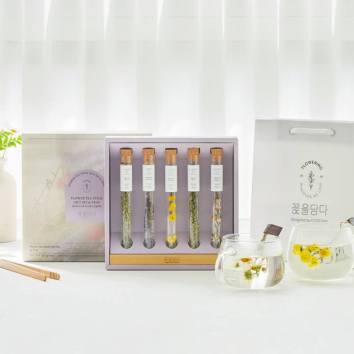 Flower Teastick & Wood Tray Gift Set (5 Sticks + Tray) for wholesale by KKOKDAM Premium Flower Tea