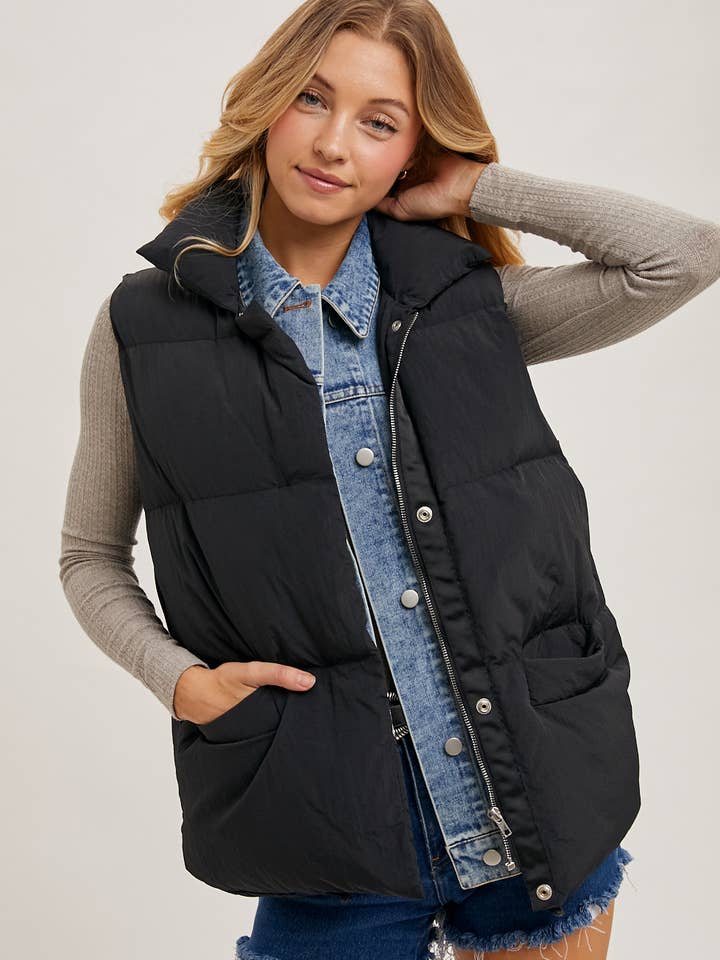 DENIM LAYERED PUFFER VEST for wholesale by Bluivy