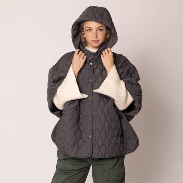Fashion City - Wholesale Poncho – Women's - Quilted Padded Hoodie Poncho Cape22