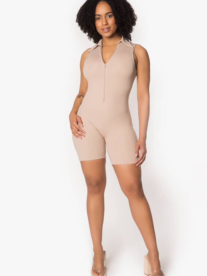 Nude Biker Short Bodysuit w/ collar for wholesale by Playsuit Apparel
