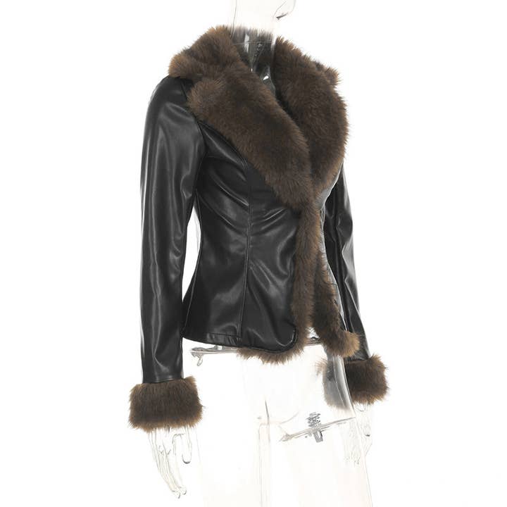 BLACK SLIM WARM FUR COLLAR PATCHWORK LEATHER COAT for wholesale on Faire