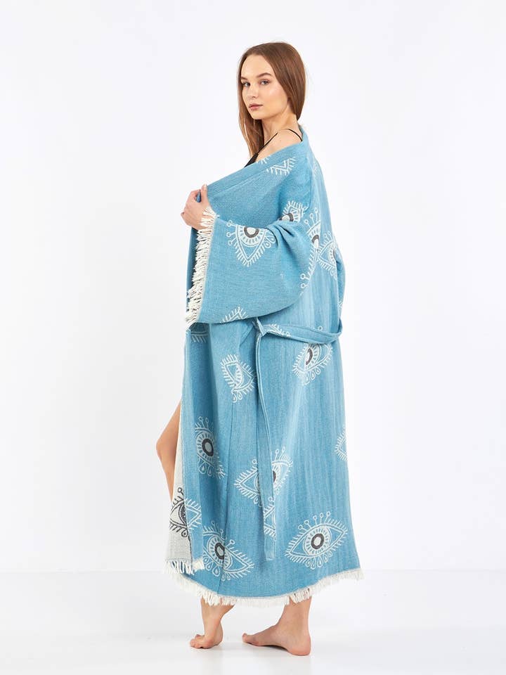 Yaz Concepts - Wholesale Kimono - Women's - Blue Evil Eye Jacquard Bathrobe Kimono Robe Kaftan Caftan