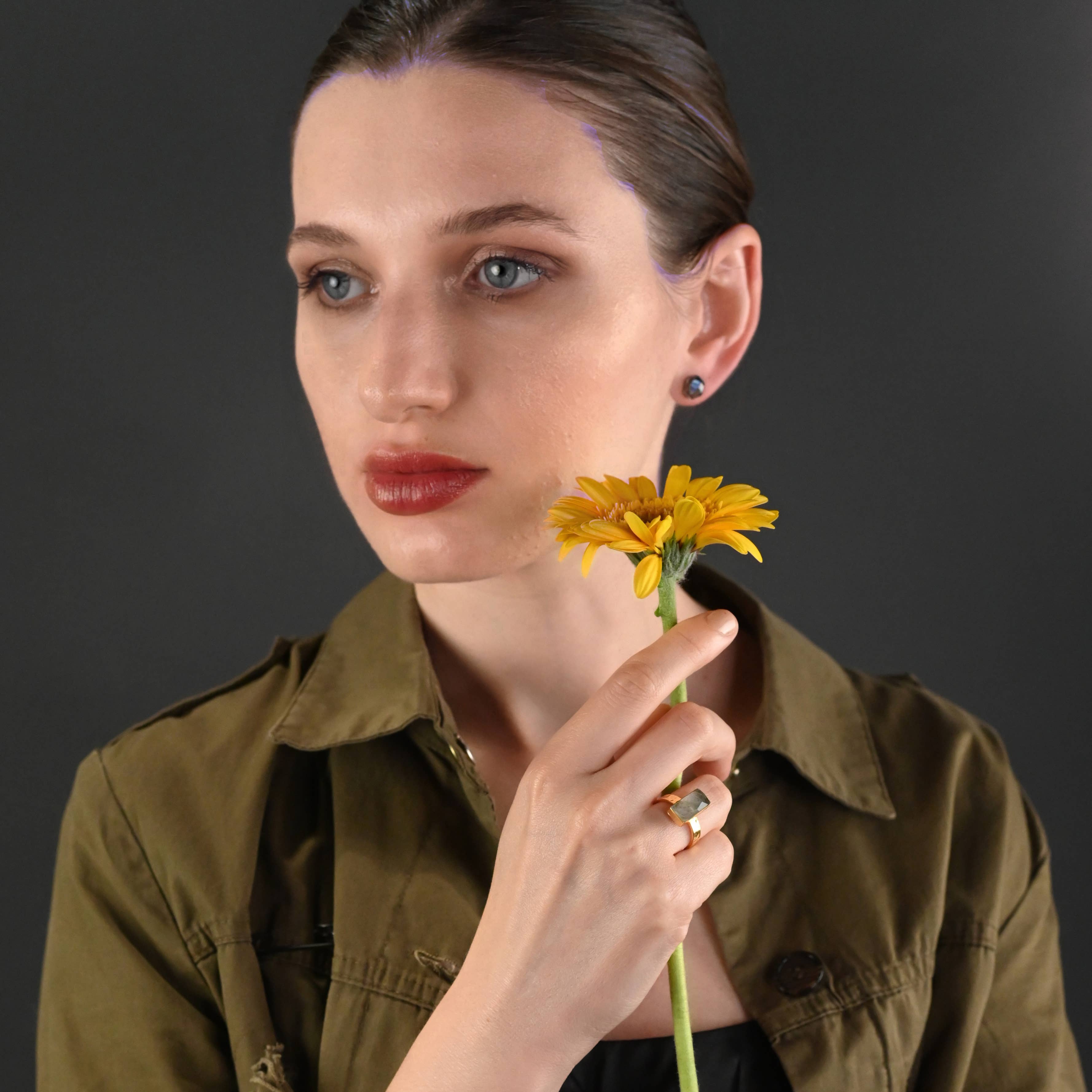 KBD Studio - Wholesale Cocktail/Statement Ring - Rectangle Labradorite  Ring on a Hand Hammered Band6