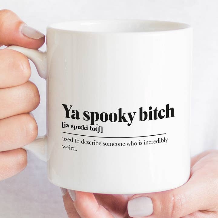 Kalloway Design – wholesale Coffee mug – Ya Spooky Bitch Greeting Scots Saying Mug Housewarming Gift Minimalist Monochrome Typography Funny Scandi Scotland Slang Definition Scottish0