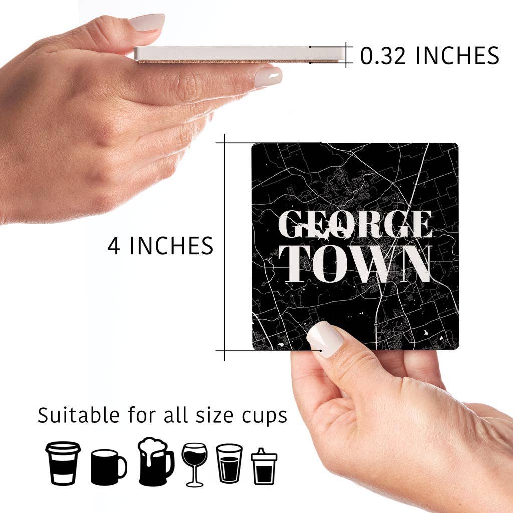 Love Local - Wholesale Coasters - Minimalistic B&W Texas Georgetown Map| Absorbent Coasters | Set of 4 | Min 25