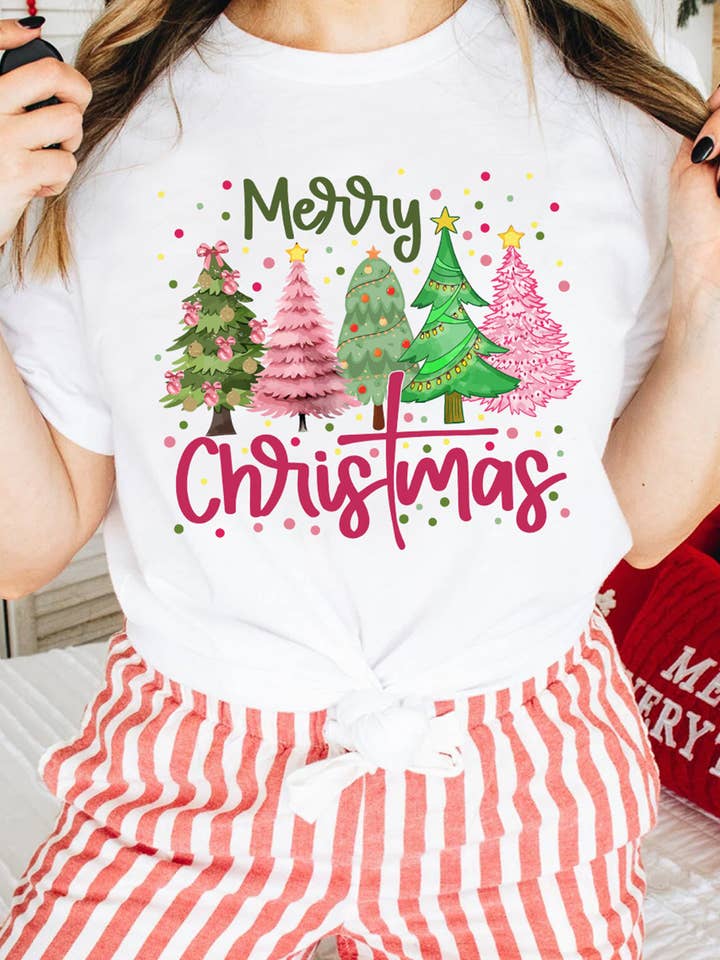 White Merry Christmas Trees Graphic Holiday Crewneck T Shirt for wholesale on Faire3