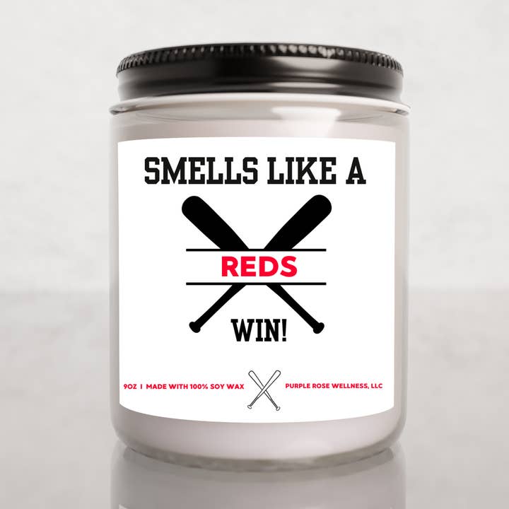Cincinnati MLB Soy Candle Smells Like a Reds Win for wholesale by Purple Rose Wellness, LLC