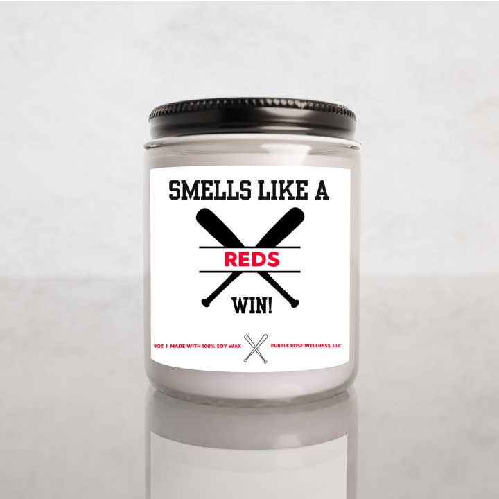 Cincinnati MLB Soy Candle Smells Like a Reds Win for wholesale by Purple Rose Wellness, LLC