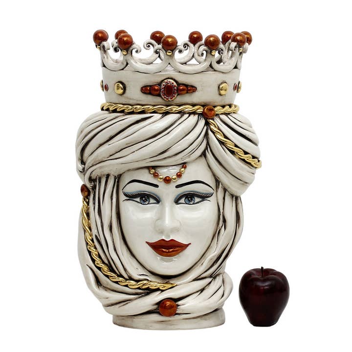 Artistica - Deruta of Italy - Wholesale Vase - CALTAGIRONE: Moorish Sicilian Head Vase - Woman Antiqued White glaze with 24 Carats Gold Accents (Large)6