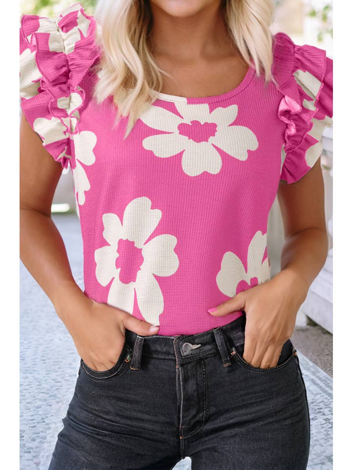 Little Daisy Closet - Wholesale Blouse - Women's - LDC Floral Ruffled Short Sleeve Square Neck Textured Blouse