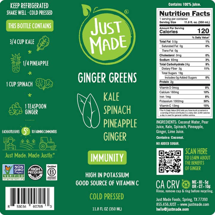 Just Made Foods - Wholesale Wellness Juice/Tonic - Ginger Greens Cold Pressed Juice