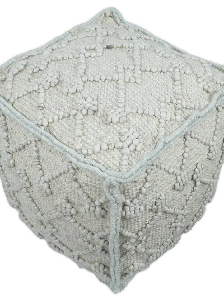 Boho Modern Hand-Woven Silver Wool Blend Pouf, and Footrest for wholesale by The Rug Decor, Inc.