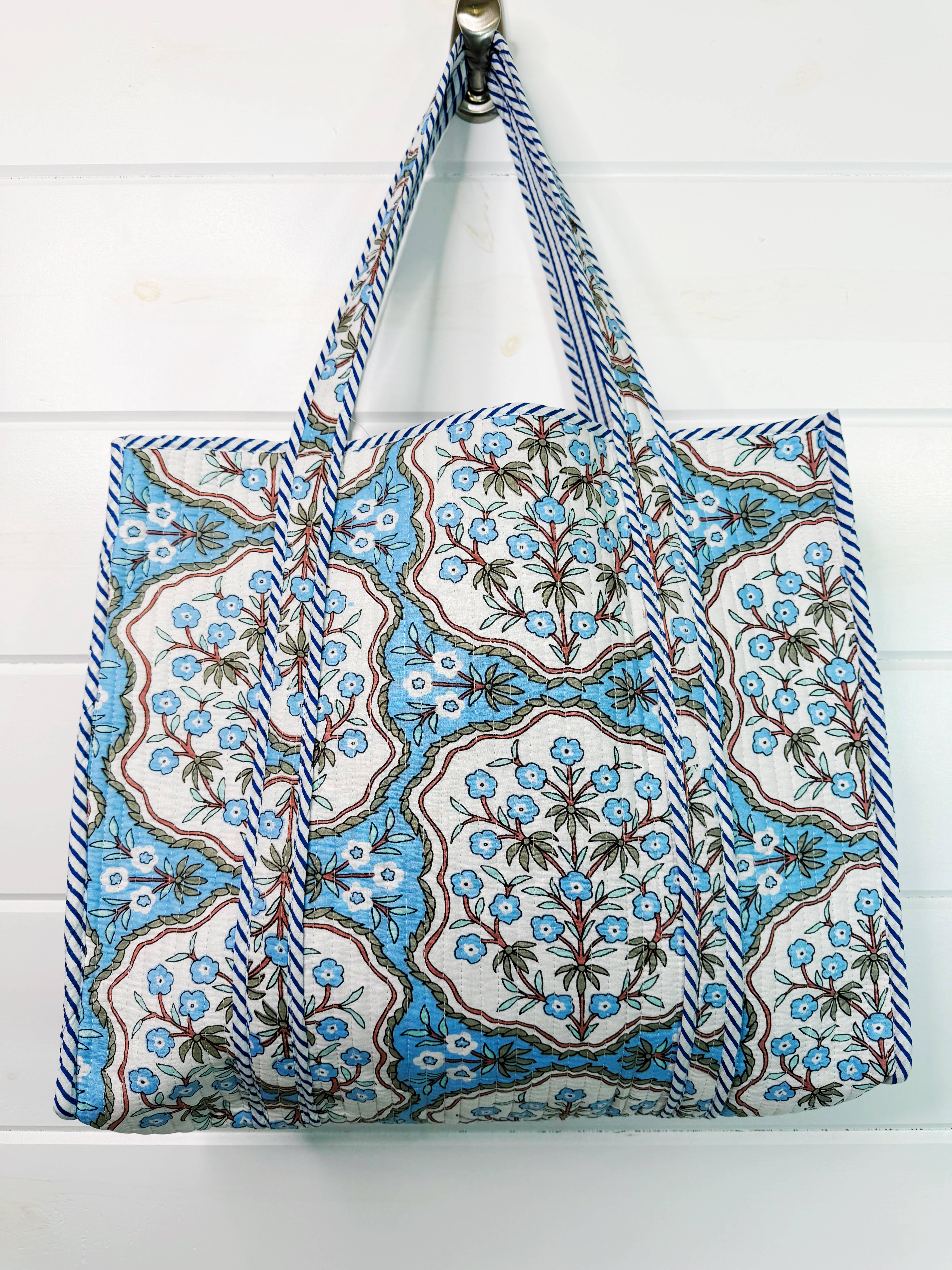Folklore Couture - Wholesale Tote Bag - Women's - Tote Bags Quilted | Large Travel Tote | Blue Petals Print1