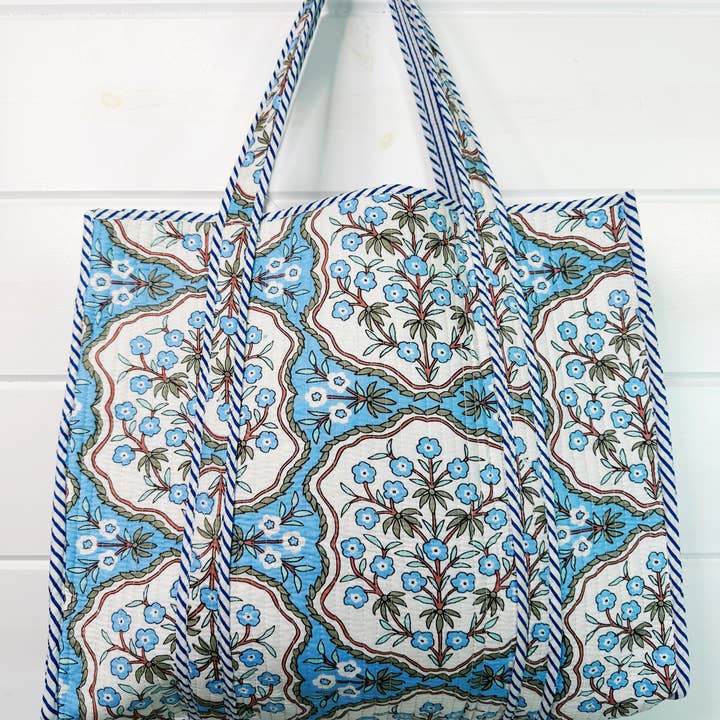 Folklore Couture - Wholesale Tote Bag - Women's - Tote Bags Quilted | Large Travel Tote | Blue Petals Print1
