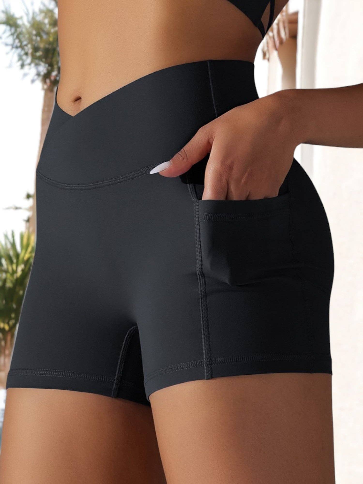 Active by Anna-Kaci - Wholesale Athletic Shorts - Women's - Tight Fitting High Waisted Pocket Sport V-Waist Band Shorts8