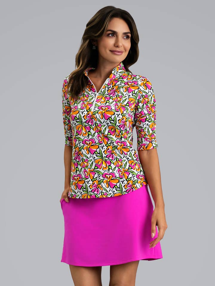 Sonia Ruched Elbow Sleeve Mandarin Collar Top for wholesale by IBKÜL