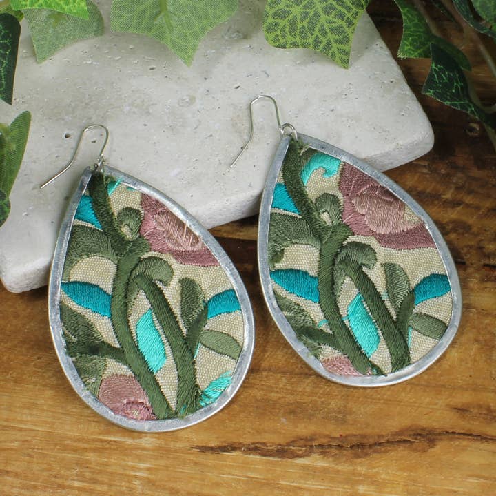 Turquoise Floral Embroidered Silver Teardrop Earring for wholesale by ZAD